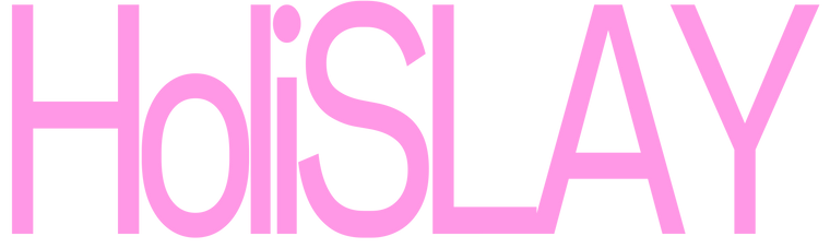 Pink 'HoliSLAY' logo on a white background